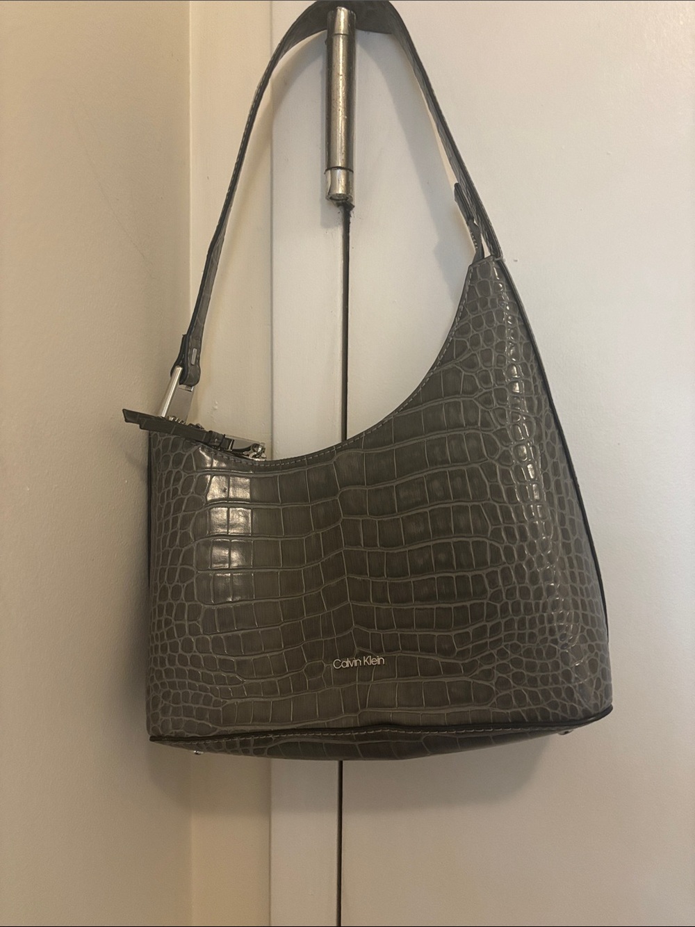 Calvin Klein Grey Croc-Embossed Hobo Shoulder Bag